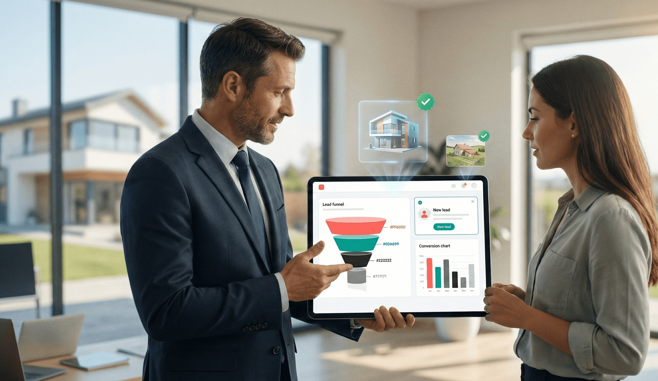 Profissionais imobiliários analisando funil de vendas e métricas de conversão